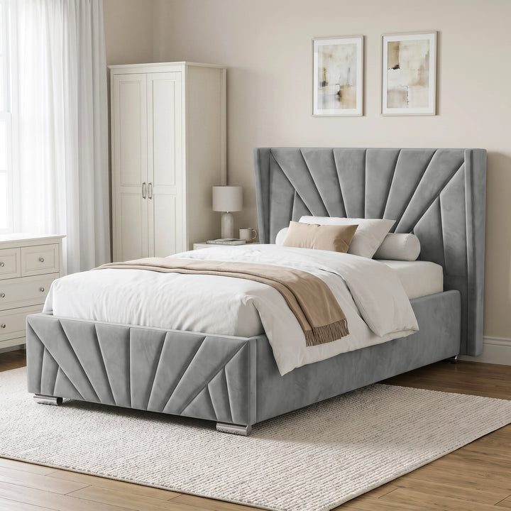 [Small Double | Grey] upholstered bed frame with a tall, sunrise headboard and matching footboard, styled in a neutral bedroom setting with white bedding