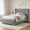 [Small Double | Grey] upholstered bed with a tall, sunrise and wingback headboard and matching footboard, styled in a neutral bedroom setting
