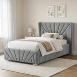 [Small Double | Grey] upholstered bed with a tall, sunrise and wingback headboard and matching footboard, styled in a neutral bedroom setting