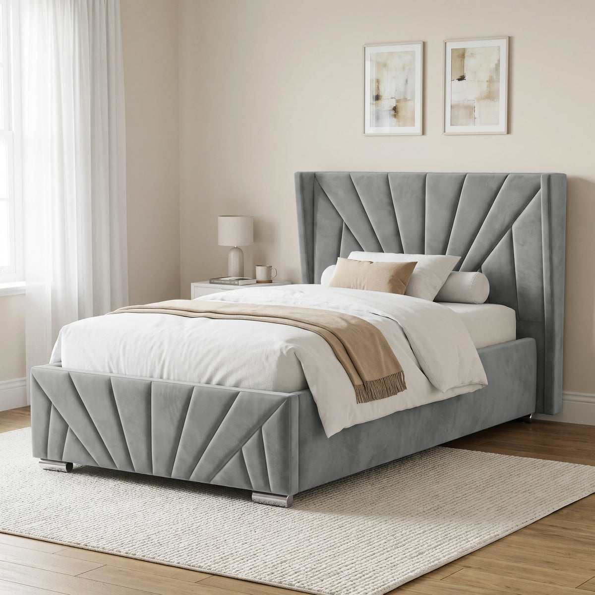 [Small Double | Grey] upholstered bed with a tall, sunrise and wingback headboard and matching footboard, styled in a neutral bedroom setting