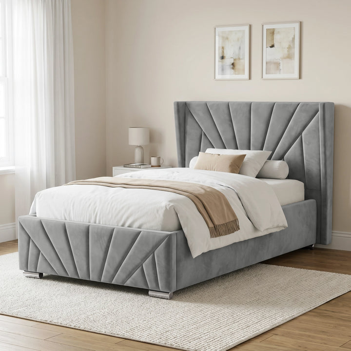 [Small Double | Grey] upholstered bed with a tall, sunrise and wingback headboard and matching footboard, styled in a neutral bedroom setting
