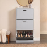 [Light Grey] 3 Drawer Slim Shoe Cabinet For Hallway - Tall Shoe Storage straight-on view with the bottom compartment tilted open.