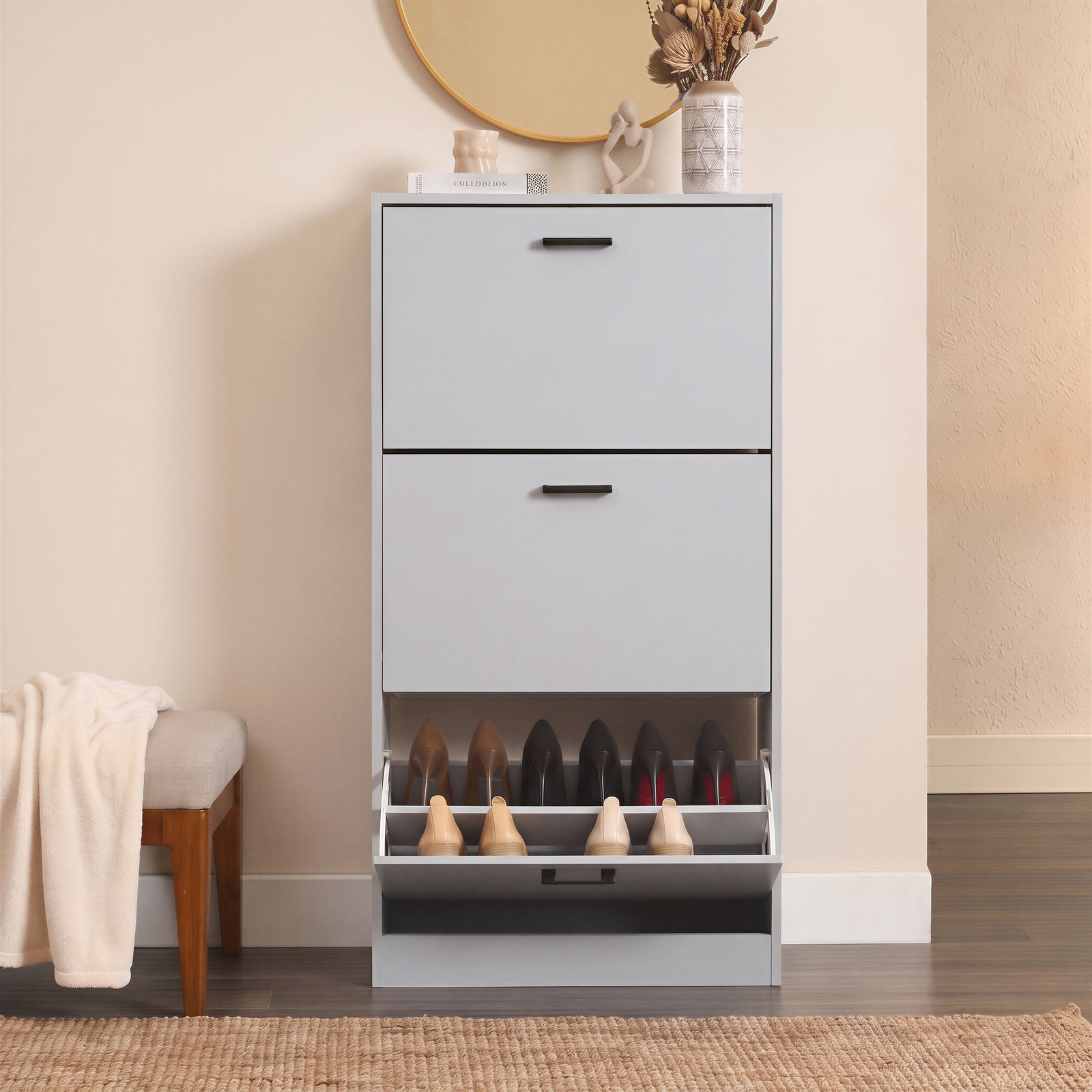 [Light Grey] 3 Drawer Slim Shoe Cabinet For Hallway - Tall Shoe Storage straight-on view with the bottom compartment tilted open.