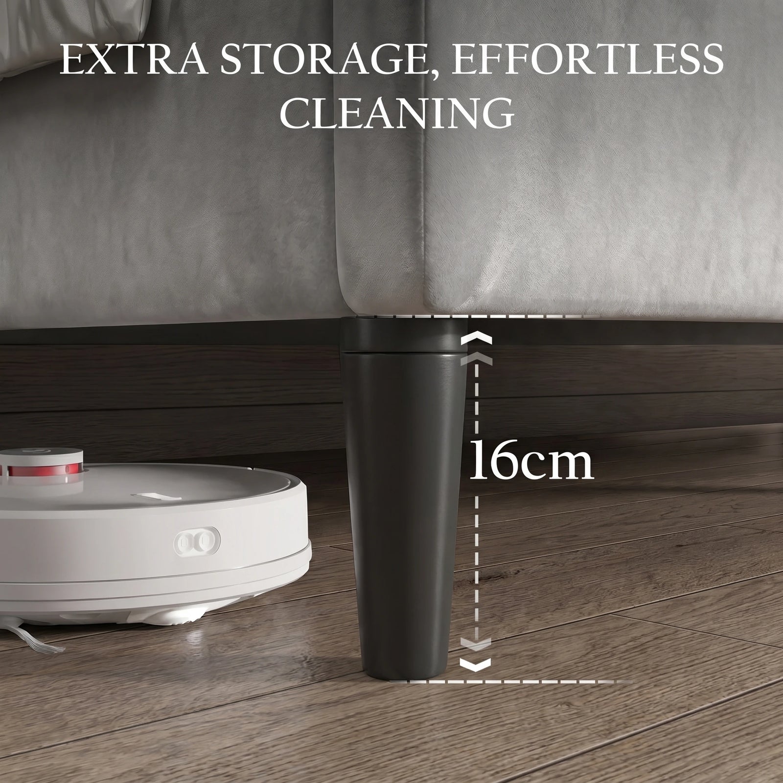 [Double | Light Grey] Velvet Bed Frame showing 16cm under-bed clearance with robot vacuum fitting beneath