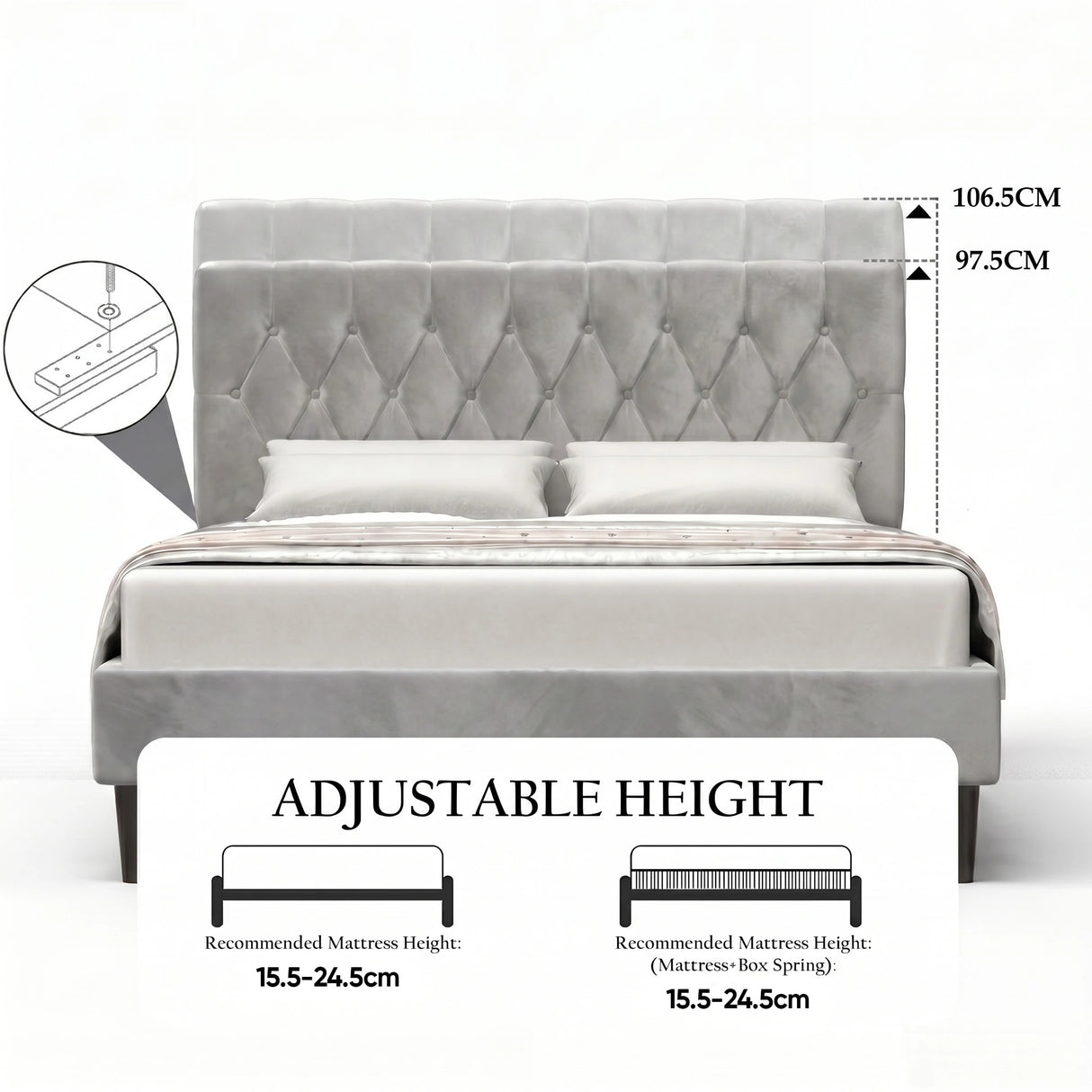 [Double | Light Grey] Velvet Bed Frame adjustable headboard height diagram showing 97.5cm and 106.5cm options