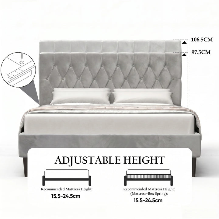 [Double | Light Grey] Velvet Bed Frame adjustable headboard height diagram showing 97.5cm and 106.5cm options