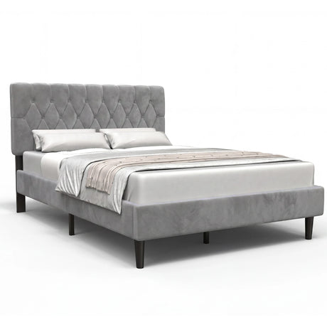 [Double | Light Grey] Velvet Bed Frame angled product shot on white background showing full frame and footboard