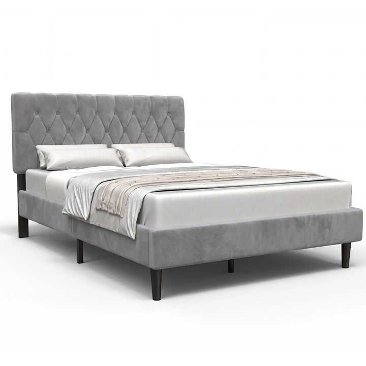 [Double | Light Grey] Velvet Bed Frame angled product shot on white background showing full frame and footboard