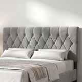 [Double | Light Grey] Velvet Bed Frame close-up of diamond button-tufted headboard with white pillows