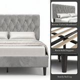 [Double | Light Grey] Velvet Bed Frame feature overview showing tufted headboard, wooden slat support, and tapered leg