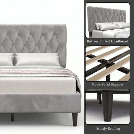 [Double | Light Grey] Velvet Bed Frame feature overview showing tufted headboard, wooden slat support, and tapered leg