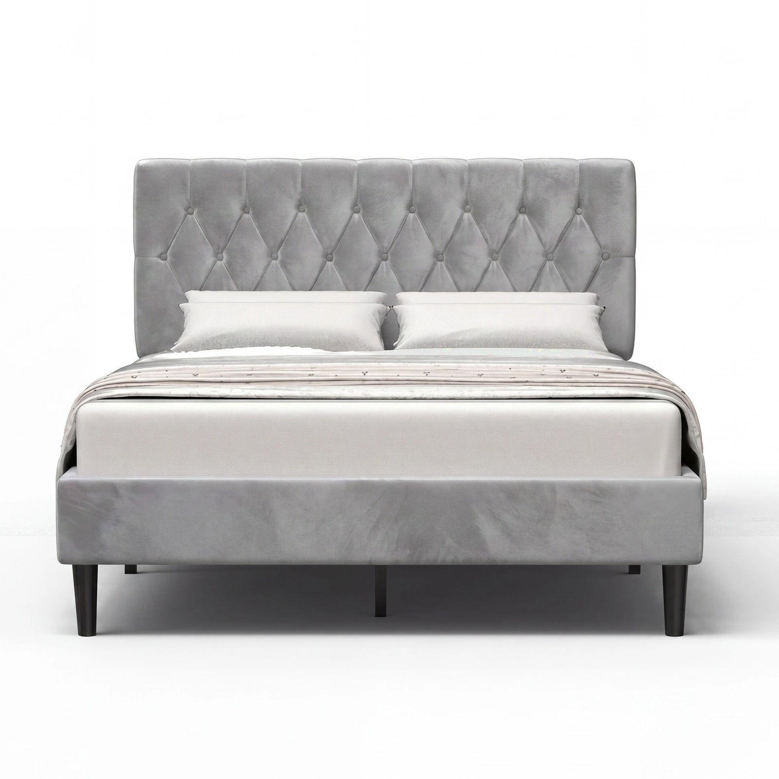 [Double | Light Grey] Velvet Bed Frame front-facing product shot on white background with styled white bedding