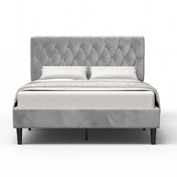 [Double | Light Grey] Velvet Bed Frame front-facing product shot on white background with styled white bedding