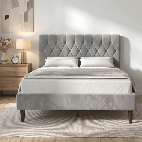 [Double | Light Grey] Velvet Bed Frame in a Scandinavian-style bedroom with oak nightstand and table lamp