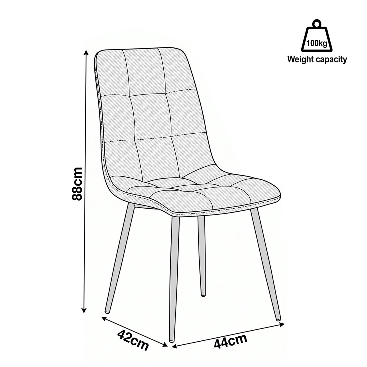 [Light Grey] Dining chair dimension diagram showing 44 cm width, 42 cm depth, 88 cm height and 100 kg capacity.