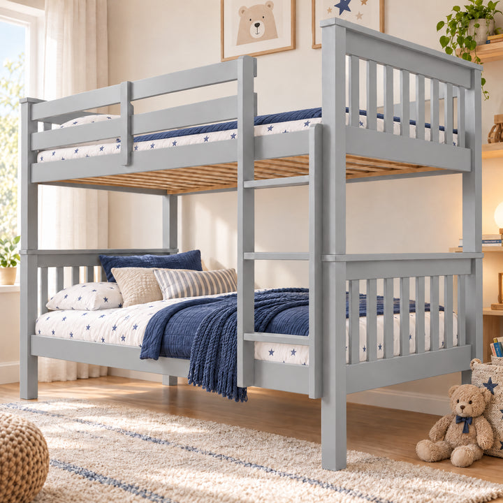 [Grey] Bedroom view showing the bunk bed with bedding, pillows, a teddy bear, ladder, upper rails, and framed art.