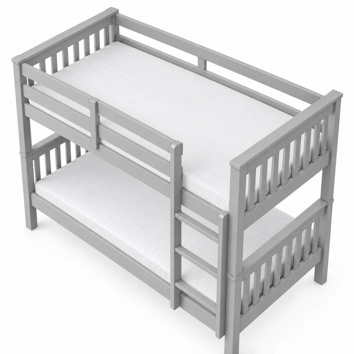 [Grey] High angle view from above showing both bunk mattresses, upper guard rails, the ladder and slatted end panels