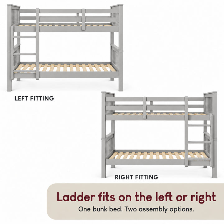 [Grey] Assembly guide showing the bunk bed with left and right ladder positions, upper guard rails, and exposed slats.