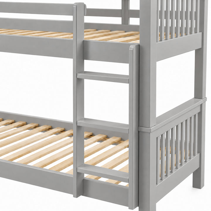 [Grey] Ladder close-up showing rungs, square side posts, slatted end panels, upper rail joints, and lower wooden slats.