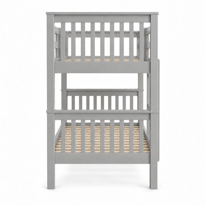 [Grey] Straight end view showing vertical end slats, square posts, both bunk levels, and the exposed lower base.