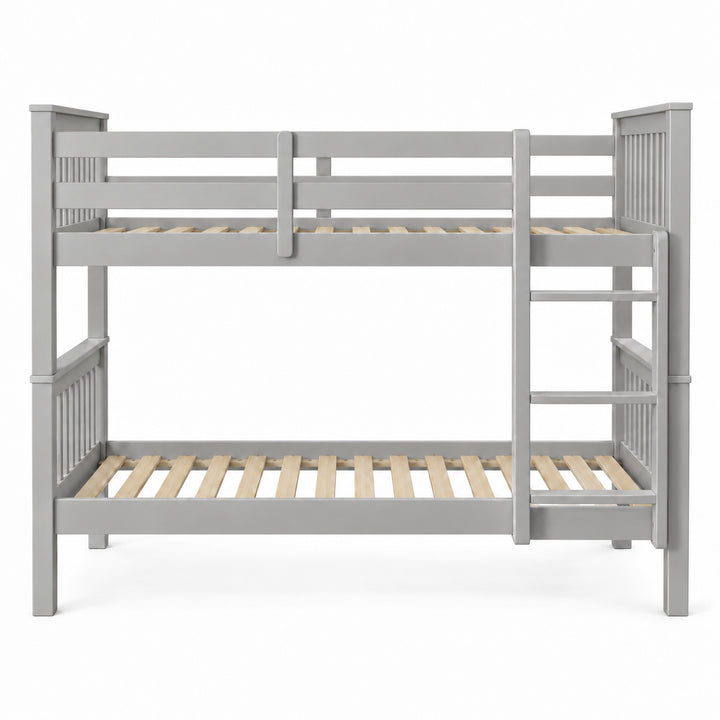 [Grey] Front view of the bunk bed showing ladder rungs, upper guard rails, slatted ends, and both slatted bases.