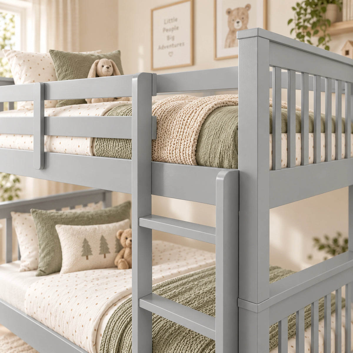 [Light Grey] Close-up of ladder, guard rails, slatted end panels and mattress on the top bunk