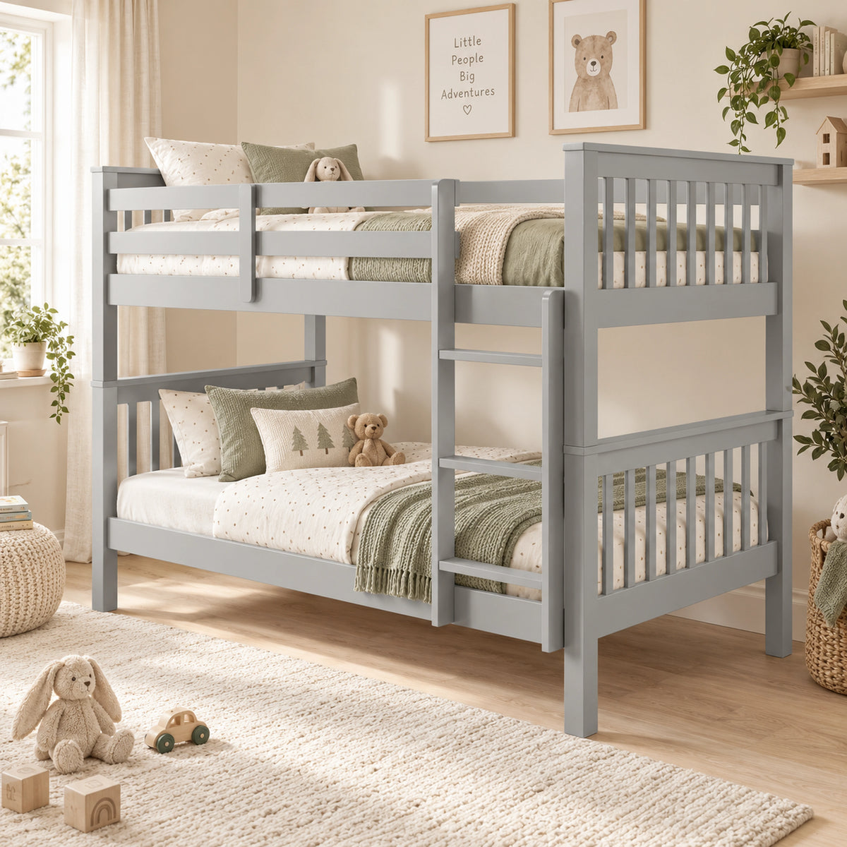 [Light Grey] Wooden bunk bed in kids room with ladder, guard rails and slatted ends