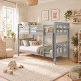 [Light Grey] Wide room view of bunk bed with right-side ladder, upper rails and lower bunk