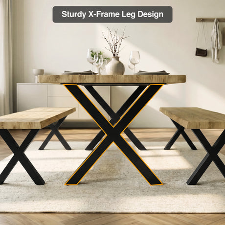 [Light Oak] Crosswick Industrial 6 Seater Dining Table with Benches close-up showcasing the black metal sturdy X-frame leg design beneath a thick wooden tabletop placed on a textured white rug.