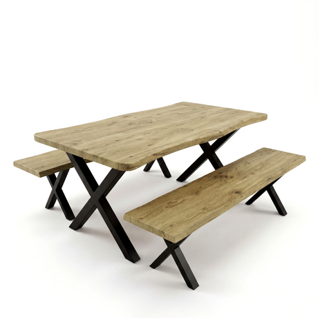 [Light Oak] Crosswick Dining Table with Benches shown on plain white background featuring live-edge oak top and black X-frame metal legs