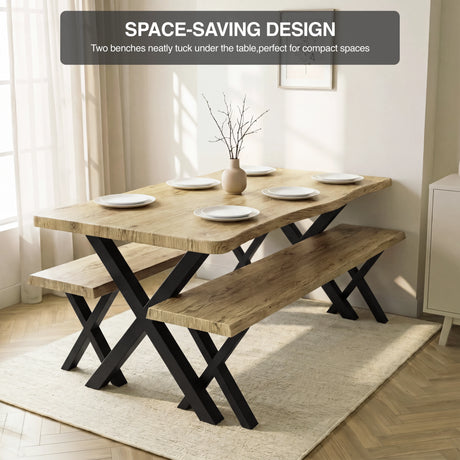 [Light Oak] Crosswick Dining Table with Benches shown in a compact sunlit nook with plates, vase of branches, highlighting space-saving design