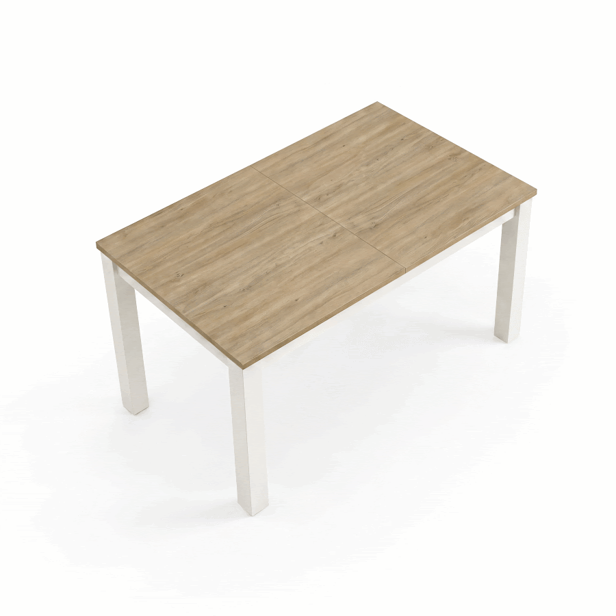 [140cm | Light Oak] Extendable dining table GIF showing top halves slide on rails, hidden 40cm leaf rises, panels close at 180cm.