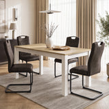 [140cm | Light Oak] Closed 140cm extendable table with four brown chairs, light-oak top, vase, wooden tray and cream-white frame.