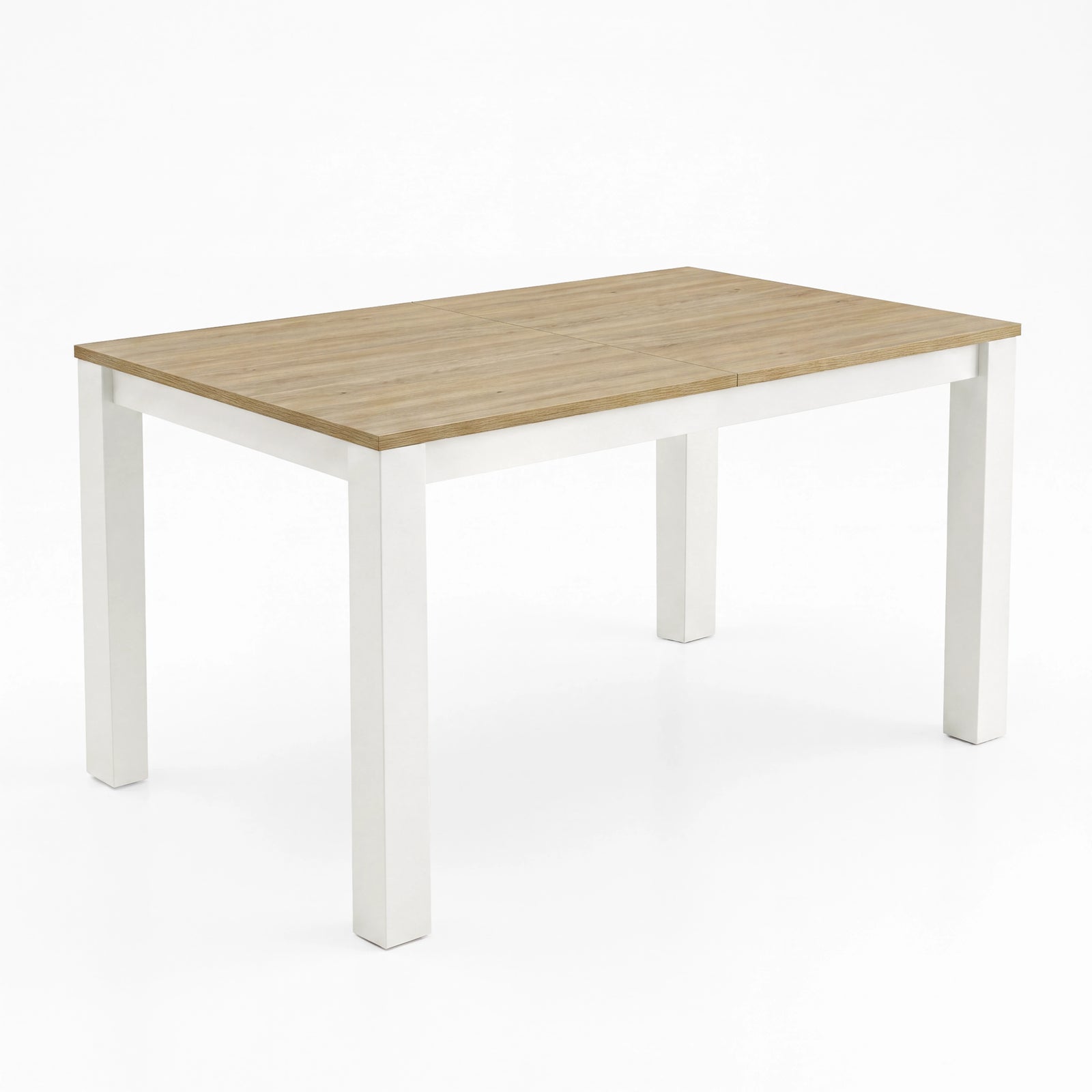 [140cm | Light Oak] Closed 140cm extendable dining table with light light-oak top, centre seam, cream-white frame and four square legs.