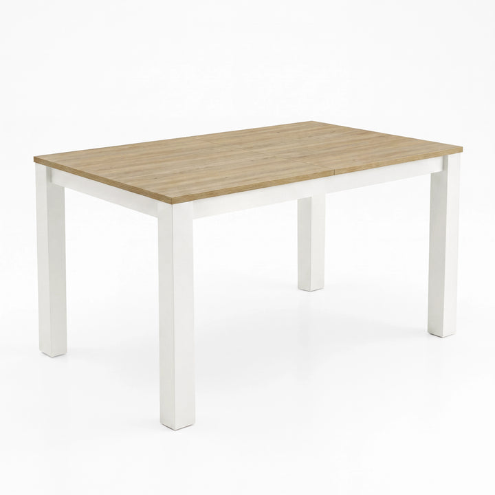 [140cm | Light Oak] Closed 140cm extendable dining table with light light-oak top, centre seam, cream-white frame and four square legs.