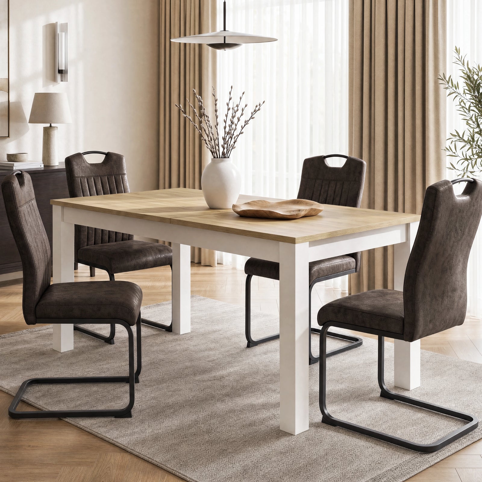 [160cm | Light Oak] Regular extendable 160cm table with four brown chairs, Light Oak-top, white frame, branch vase and bowl