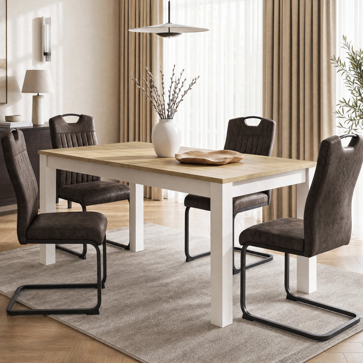 [160 cm | Light Oak] Regular extendable 160cm table with four brown chairs, Light Oak-top, white frame, branch vase and bowl