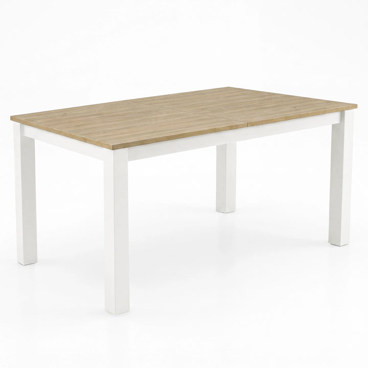 [160 cm | Light Oak] Extendable dining table at regular 160cm size with Light Oak-top centre seam, white frame & square legs