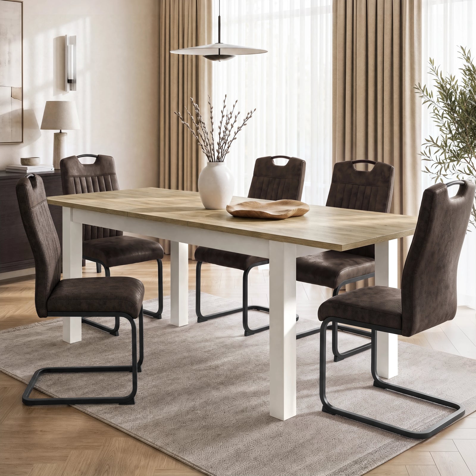 [140cm | Light Oak] Dining table extended to 180cm with light-oak wood-effect top, 40cm centre leaf, black frame and square legs