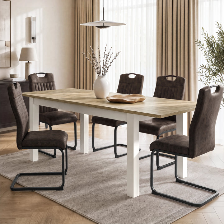 [140cm | Light Oak] Dining table extended to 180cm with light light-oak wood-effect top, 40cm centre leaf, black frame and square legs