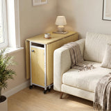 [Light Oak] Kitchen & Dining Furniture Sets folded side table beside a sofa with lamp, cup, blanket, and window light.