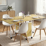 [Light Oak] Stovra dining scene with pale oak table surface, white frame, side cupboard, shelves, and casters