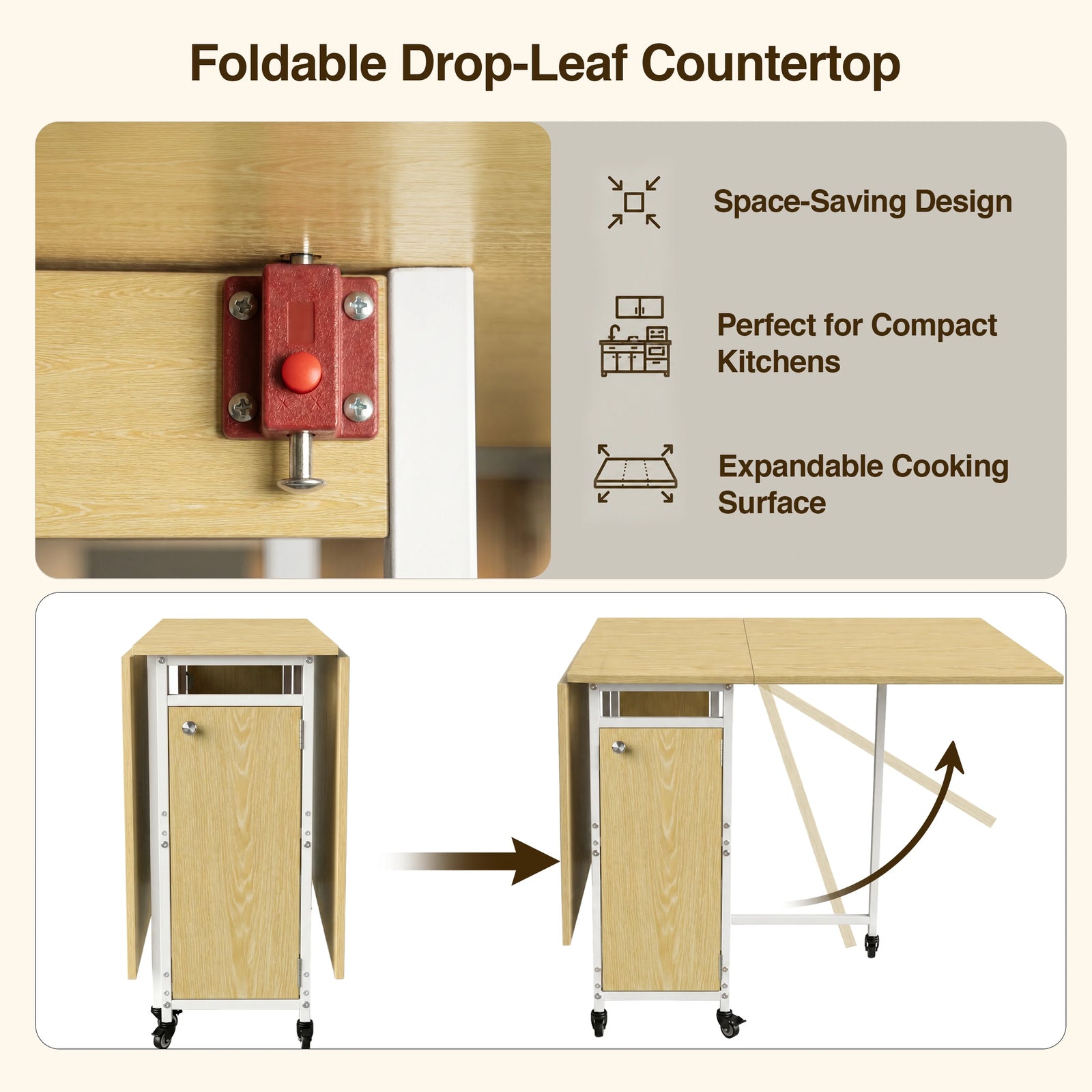 [Light Oak] Kitchen & Dining Furniture Sets drop-leaf countertop lock switch, folding panels, and compact setup graphic.