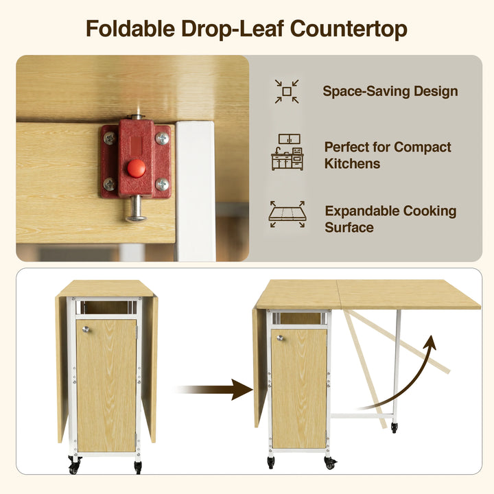 [Light Oak] Kitchen & Dining Furniture Sets drop-leaf countertop lock switch, folding panels, and compact setup graphic.