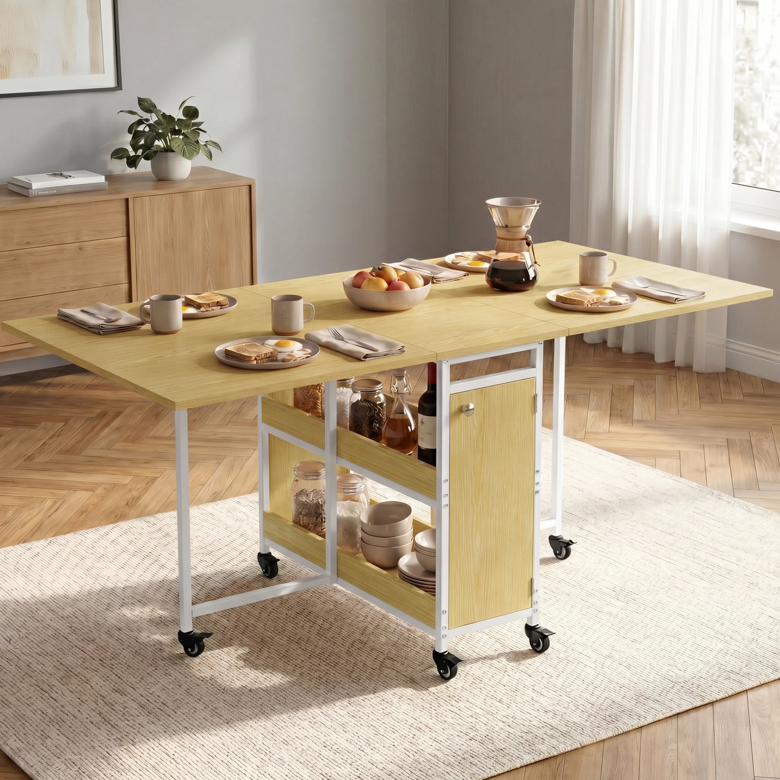[Light Oak] Kitchen & Dining Furniture Sets open dining table with plates, cups, fruit bowl, coffee, and centre storage.