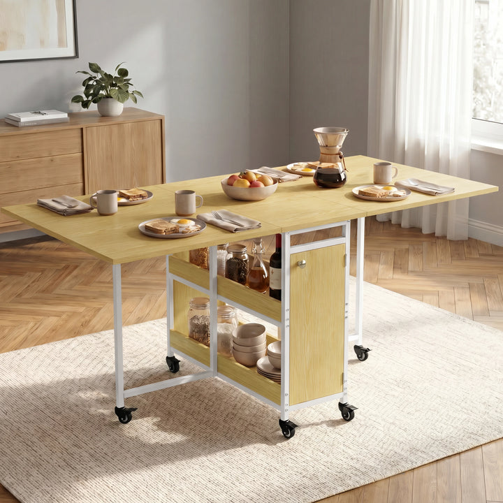 [Light Oak] Kitchen & Dining Furniture Sets open dining table with plates, cups, fruit bowl, coffee, and centre storage.