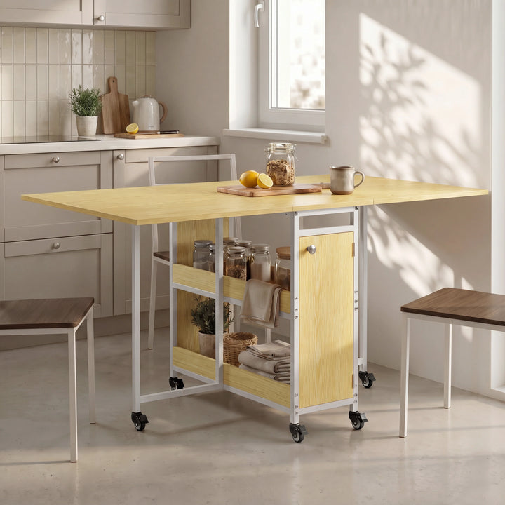 [Light Oak] Kitchen & Dining Furniture Sets open kitchen dining table with stools, tabletop jar, cup, and storage shelves.