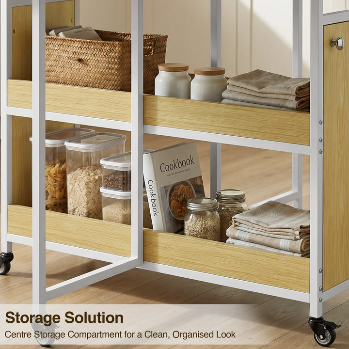 [Light Oak] Kitchen & Dining Furniture Sets storage shelf close-up with basket, jars, cookbook, folded linens, and wheel.