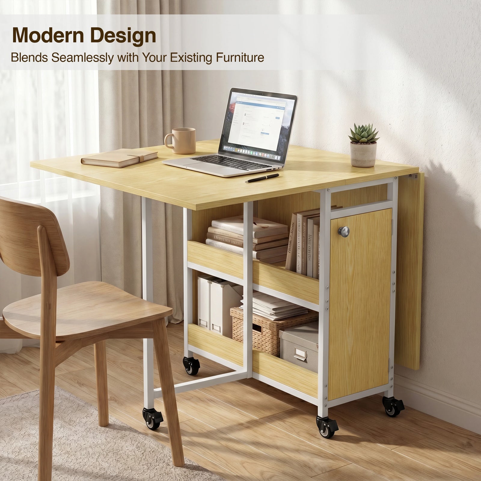 [Light Oak] Kitchen & Dining Furniture Sets folding table used as a home office desk with laptop, chair, and shelves.