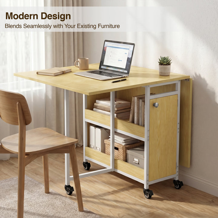[Light Oak] Kitchen & Dining Furniture Sets folding table used as a home office desk with laptop, chair, and shelves.